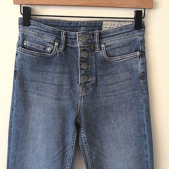 AllSaints Womens 25 Button Flare Fit Jeans Denim Boho Western Casual Classic - Picture 3 of 8